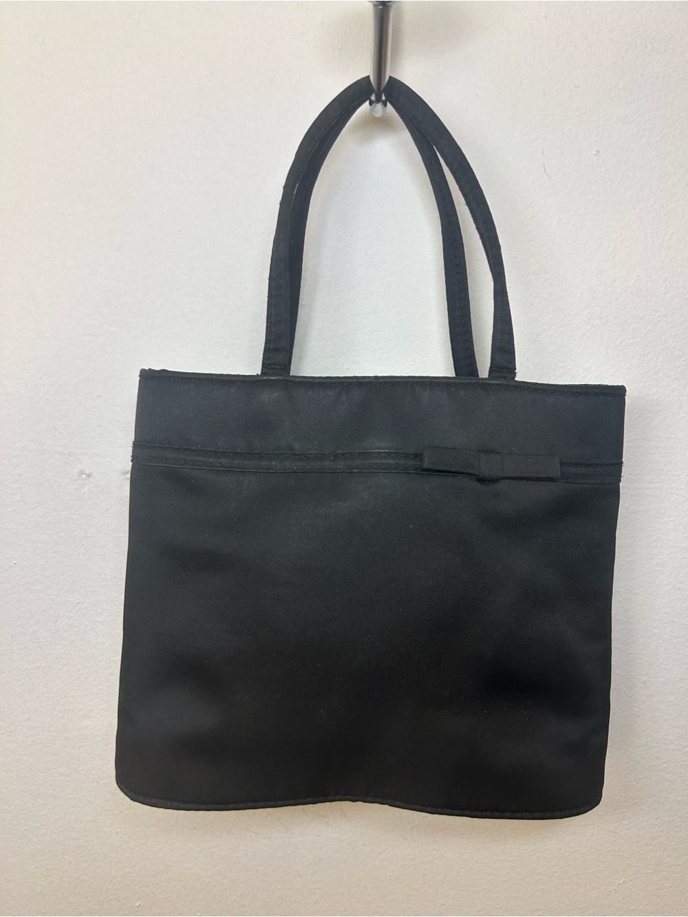 Ann Taylor Loft Classic Black Satin Tote Bag with Bow Detail
